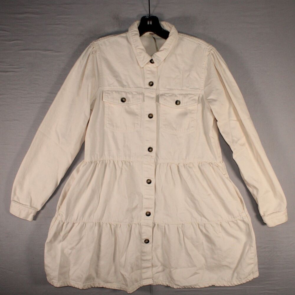 Free People Ivory Denim Tiered Shirt Dress M Cream Cotton Babydoll Button Up LS